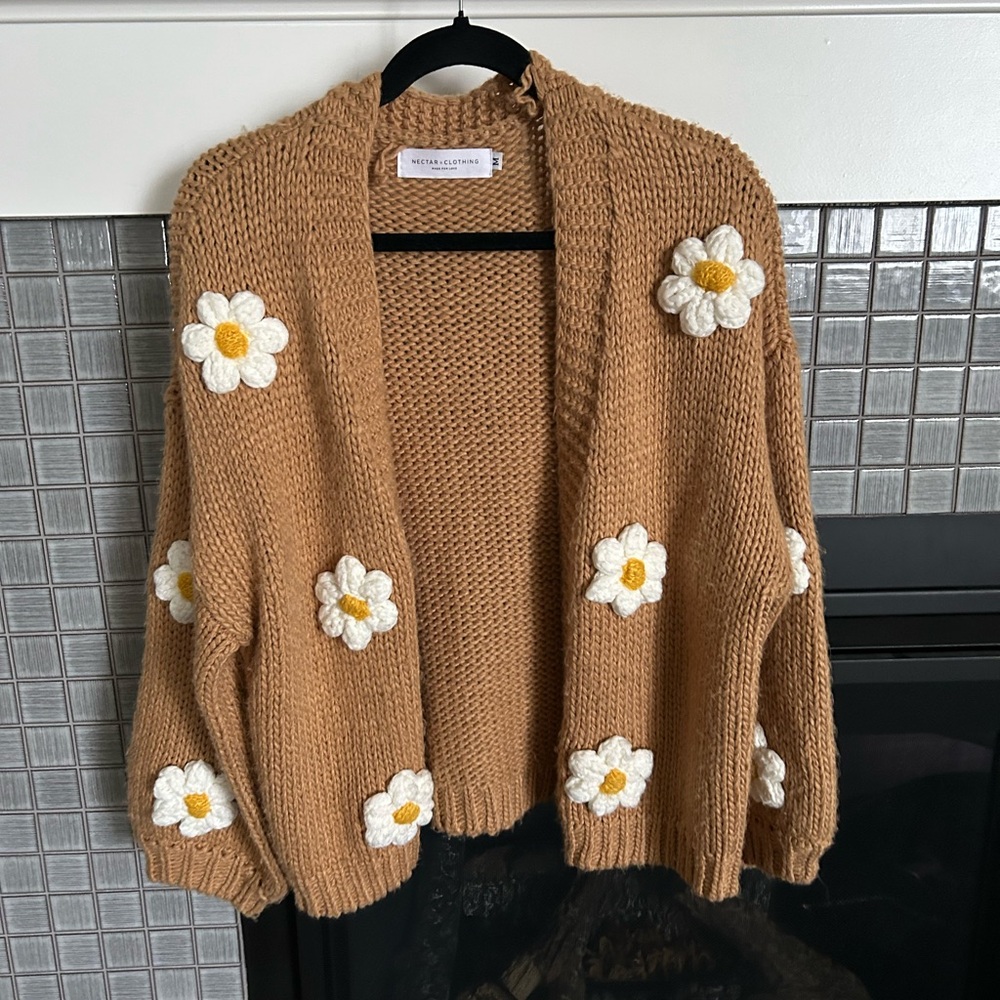 Tan Knitted Cardigan with White Floral Details